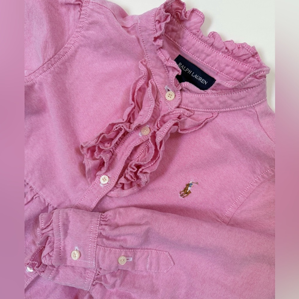 Ralph Lauren Kids Pink Ruffle Oxford Button Down Dress Sz6 (Preloved)